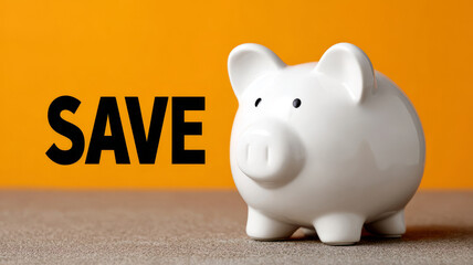 White piggy bank on orange background with 'SAVE' text.