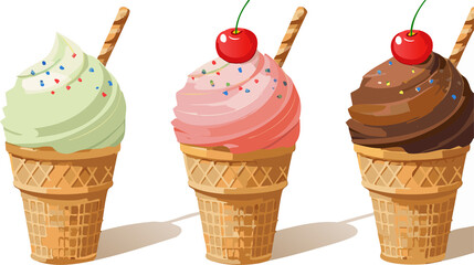 Vibrant vector illustration of a three-scoop ice cream cone, with strawberry, chocolate, and vanilla scoops, sprinkles, and a cherry on top, fun and cheerful cartoon style, isolated on a white backgro