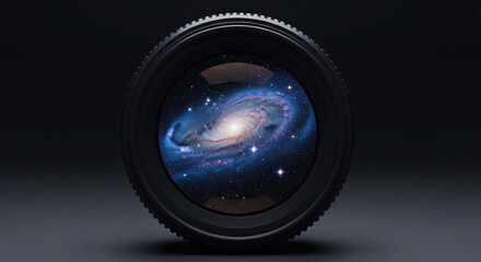 Conceptual image of a camera lens reflecting a spiral galaxy and stars on a dark background, symbolizing astrophotography