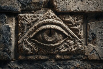 Masonic symbol of providence eye embossed on stone wall