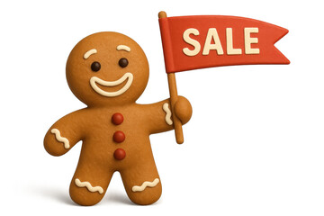 3d christmas holiday sale discount promotion shopping offer gingerbread cookie holding red flag cheerful festive decoration