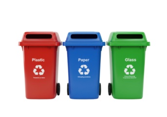 Colorful recycling bins for plastic, paper, and glass set against a white background, isolated on white background