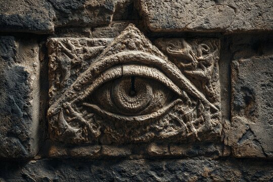 Masonic symbol of providence eye embossed on stone wall
