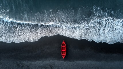 Red boat resting on black sand beach with ocean waves crashing
