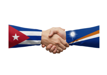 Hands shaking with Cuba and Marshall Islands flags, symbolizing unity and cooperation, isolated on white background