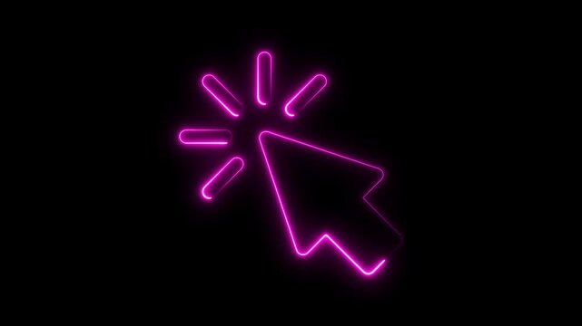Glowing neon line animated click cursor icon clicking over black background. Neon mouse cursor arrow icon. Glowing neon arrow cursor icon for digital interface and web design elements