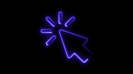 Glowing neon line animated click cursor icon clicking over black background. Neon mouse cursor arrow icon. Glowing neon arrow cursor icon for digital interface and web design elements