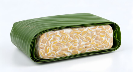 Fresh tempeh block wrapped elegantly in vibrant green banana leaf, a healthy vegan protein alternative