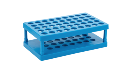 Blue laboratory test tube rack for scientific experiments with empty slots visible, isolated on white background