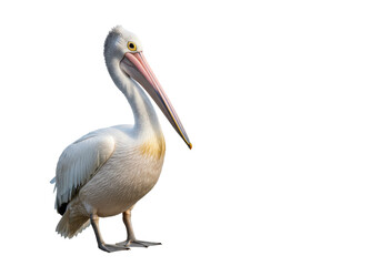 A majestic pelican standing gracefully on a shoreline, with a serene ocean background, isolated on white background
