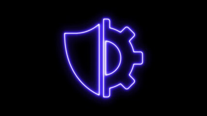 Glowing neon shield gear symbolizing protection and verified setting on black background, Update neon setting icon setup animation in black background screen.