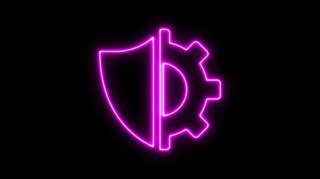 Glowing neon shield gear symbolizing protection and verified setting on black background, Update neon setting icon setup animation in black background screen. - Powered by Adobe