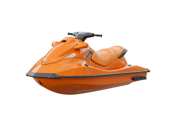 Vibrant orange jet ski on a pristine lake, with mountains in the background during summer, isolated on white background