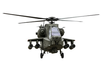 Military helicopter flying over a landscape, showcasing its advanced features and power, isolated on white background