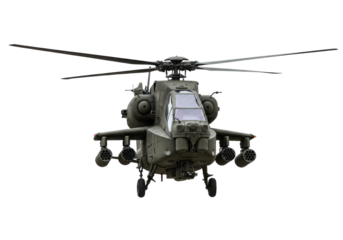 Military helicopter flying over a landscape, showcasing its advanced features and power, isolated on white background
