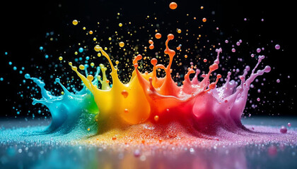 colorful watercolor splashes pink green yellow orange, black background