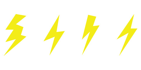 Black lightning vector icon set on isolated white background. 4 different shapes dark lightning icons. Thunder, battery, electric, lightning elements. EPS 10.