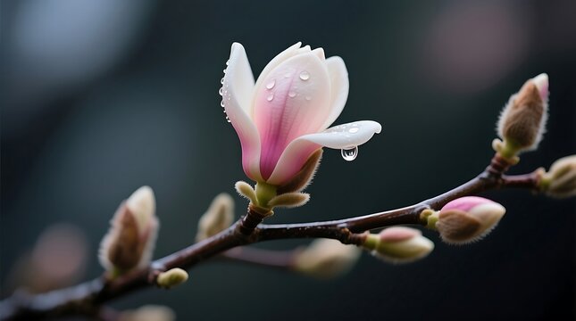Delicate Magnolia Blossom Adorned with Fresh Raindrops on a Branch