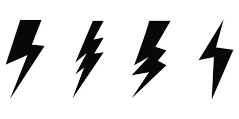 Black lightning vector icon set on isolated white background. 4 different shapes dark lightning icons. Thunder, battery, electric, lightning elements