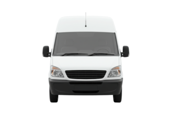White delivery van parked on a street with clear skies and urban surroundings, isolated on white background
