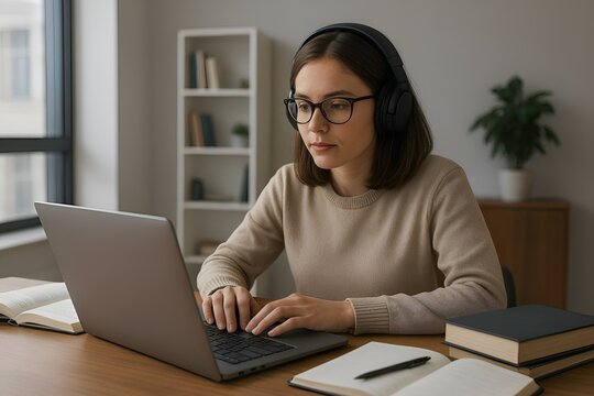 A student attending online class with headphones and laptop, books around desk, sharp modern interior, ultra realistic clarity, cinematic clean render, noise free education concept