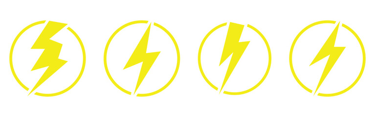 Black lightning vector icon set on isolated white background. 4 different shapes glowing lightning icons. Thunder, battery, electric, lightning elements. 
