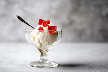 Creamy cottage cheese ice cream served in a glass dessert bowl, topped with freeze-dried strawberry pieces. Ideal for healthy dessert branding