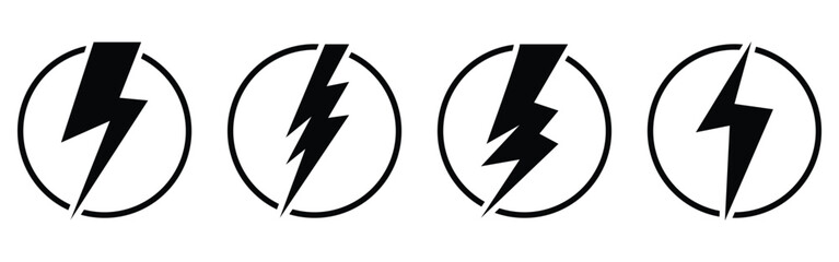 Black lightning vector icon set on isolated white background. 4 different shapes dark lightning icons. Thunder, battery, electric, lightning elements. EPS 10.