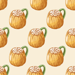 Hand drawn vintage seamless pattern of pumpkin mugs with whipped cream autumn drink, cozy halloween festive decorative illustration