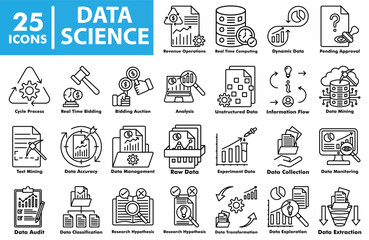 Data science line icon set featuring data mining, big data, analytics, data management, research, statistics, machine learning, and business intelligence symbols.