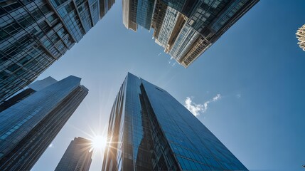 Stunning modern skyscrapers reaching into bright blue sky with sunburst effect, urban architecture