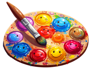 Cartoon Paint Palette with Bright Color Dabs and Brush, Transparent PNG