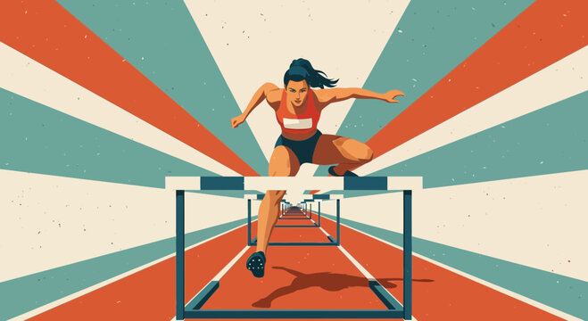Dynamic graphic illustration of a female athlete competing in a hurdles race on a track with a retro-style background.