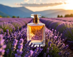 Perfume bottle amidst a vibrant lavender field at sunset