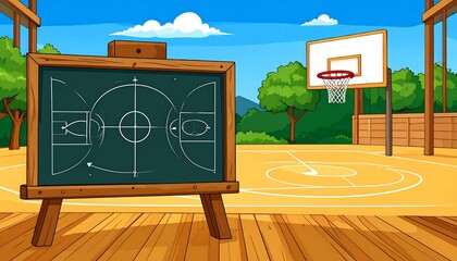 Chalkboard with court diagram on outdoor basketball court