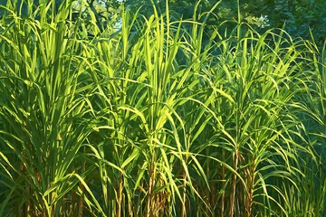 Fototapeta premium Tall lemongrass stalks with long slender leaves swaying in warm sunlight in a herb garden.