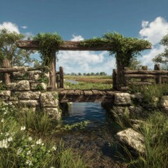 Fototapeta premium Rustic wooden bridge over a stream, framed by stone walls and greenery