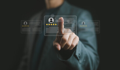 Businessman hand selecting five star customer review profile on virtual screen, concept of client feedback, service rating, online reputation, quality assurance, 