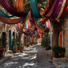 Fototapeta premium Colorful fabrics drape a sun-drenched alleyway lined with stone buildings