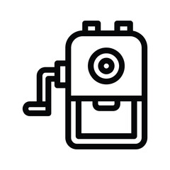 A black and white line art illustration of a manual pencil sharpener including a crank and receptacle. Editable stroke. Vector illustration
