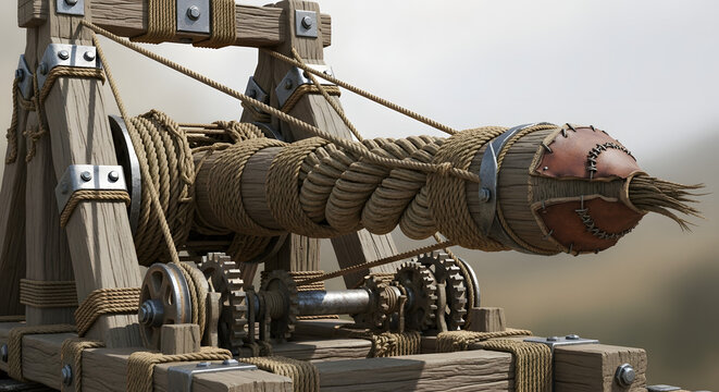 A detailed and realistic rendering of a powerful medieval siege weapon such as a catapult or ballista constructed from heavy timber and thick ropes.