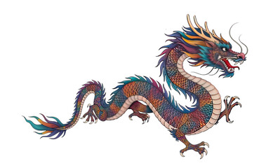 Colorful Chinese Dragon Illustration with Scales on Transparent Background