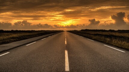 Naklejka premium Stretches of Highway Lead Into a Tranquil Sunset Over an Open Landscape