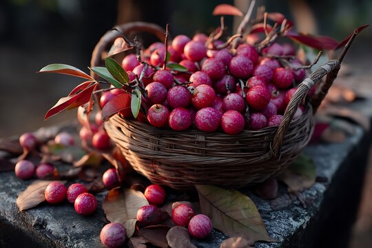 A basket of freshly picked kokum fruits with their vibrant red skins, set on a rustic wooden table surrounded by scattered leaves, capturing the golden light of late afternoon.