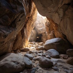 Sunlit canyon tunnel, rocky floor