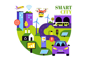 Fototapeta premium Smart City Infrastructure Illustration featuring an Urban Landscape with Buildings, Skyscrapers, Transportation, Internet, and Future Technology