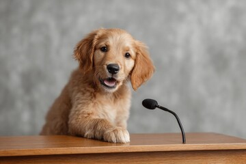 Golden Retriever Puppy at Podium Giving Speech