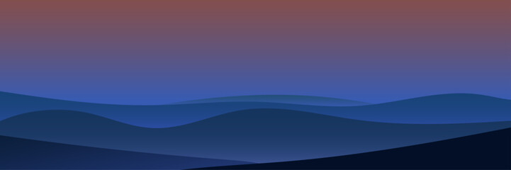 Panoramic mountain twilight valley background and landscape banner vector illustration with gradient