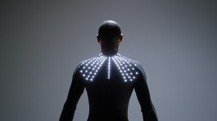 Man wearing advanced motion capture suit with glowing sensors