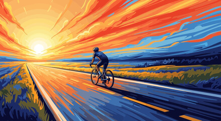 A lone cyclist rides on an open road towards a dramatic and colorful sunset, casting a long shadow.